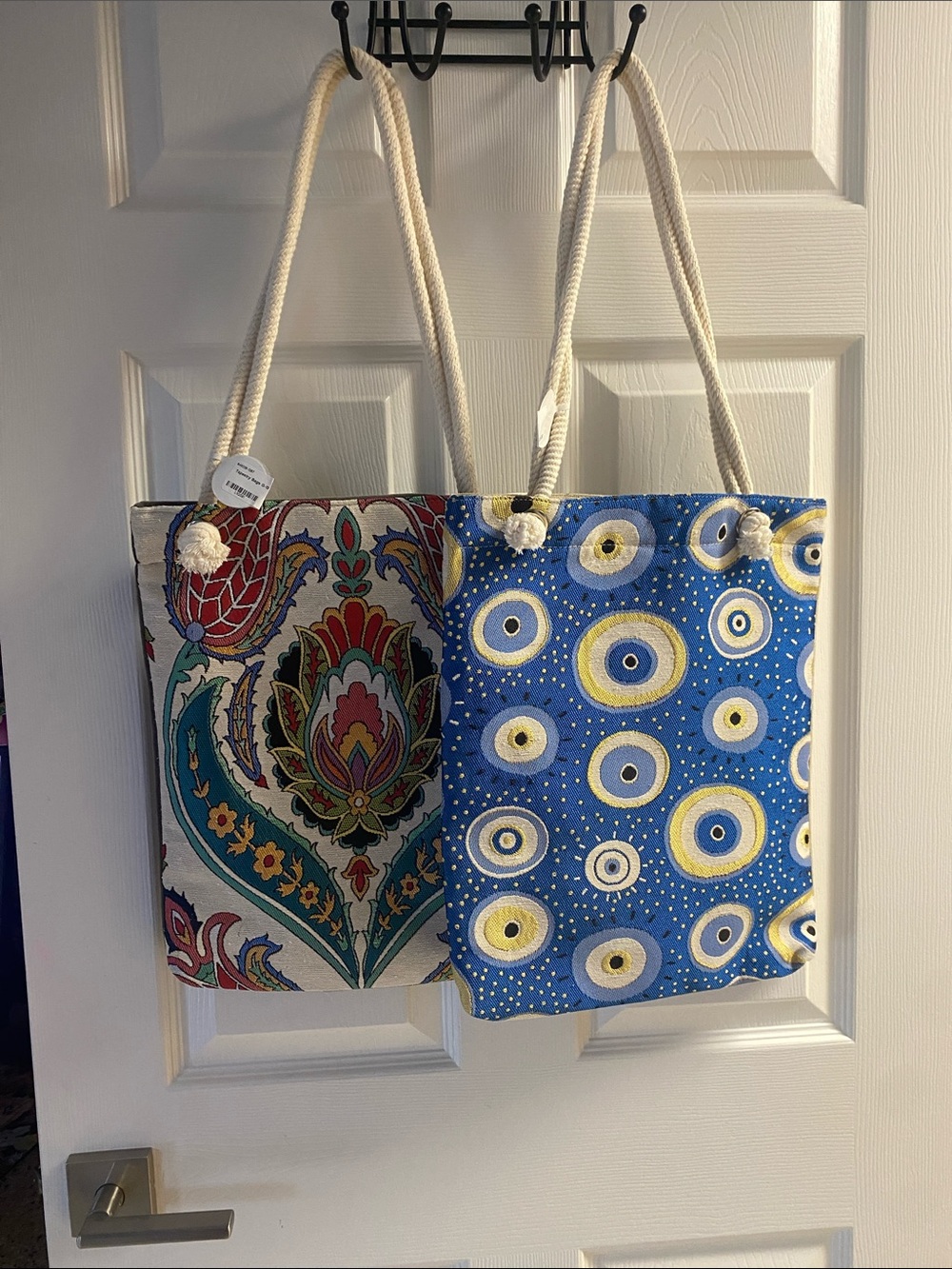 Blue & Multicolor Patterned Women's Tote Bag with Rope Handles